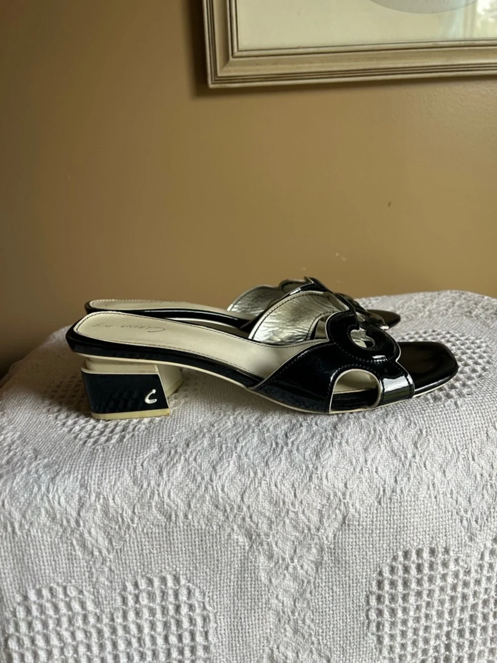 Black Patent Slide Mules with Ivory Accent Heel - Picture 6 of 11